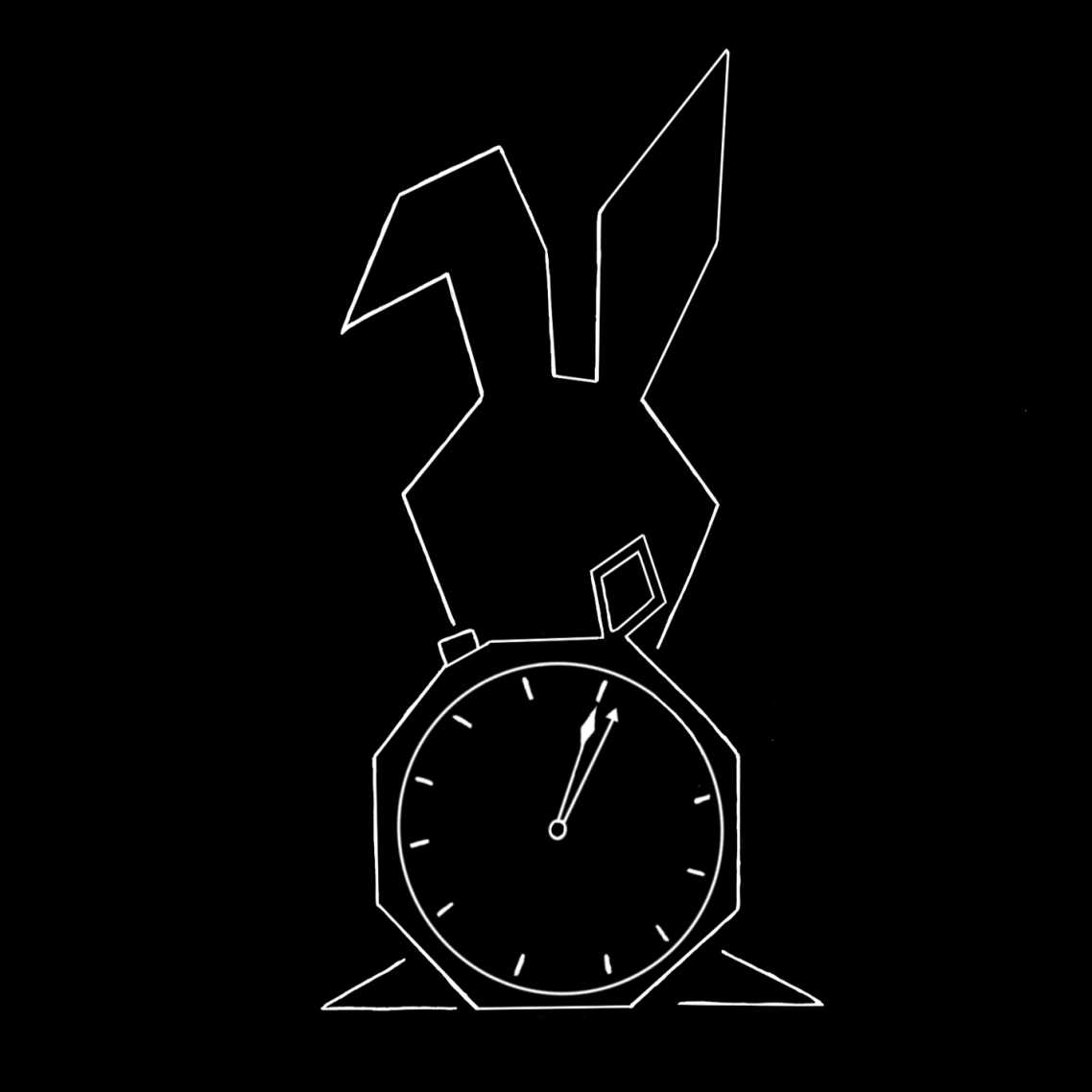Skizze weißer Hase Alice Rising: Ein minimalistisches Design eines Hasen, der eine Uhr hält, auf schwarzem Hintergrund.
