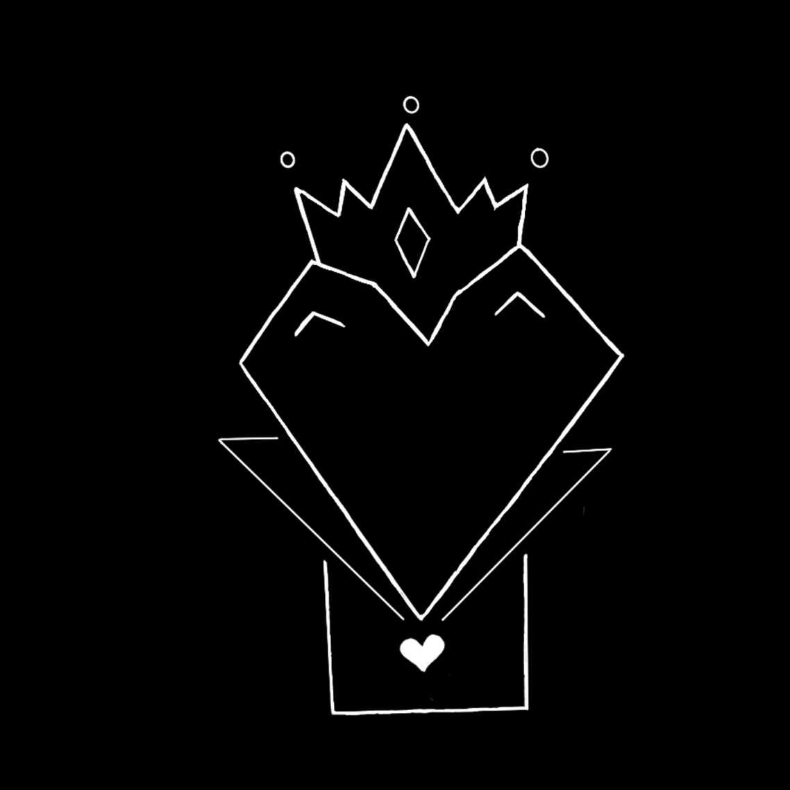 Skizze Herzkönigin Alice Rising. Ein minimalistisches Design einer Königin mit einer Herzform und einer Krone auf schwarzem Hintergrund.