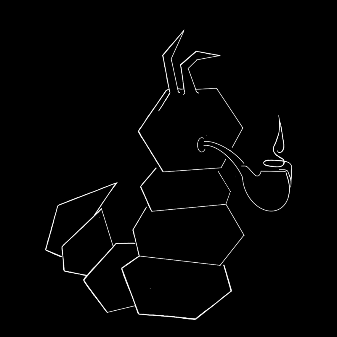 Skizze Grinsekatze Alice Rising Ein minimalistisches Design einer katzenähnlichen Figur mit breitem Grinsen.