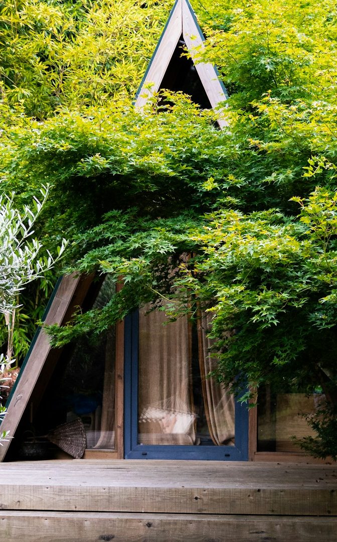 Kleines, dreieckiges Gebäude umgeben von üppigem Grün.