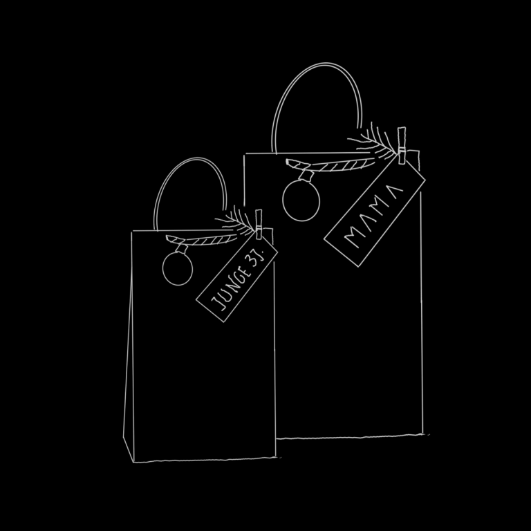 Bild Geschenktüten Weihnachtsfunkeln Aktion Frauenhaus: Zwei stilisierte Einkaufstaschen mit Anhängern, beschriftet "Junge" und "Mama".