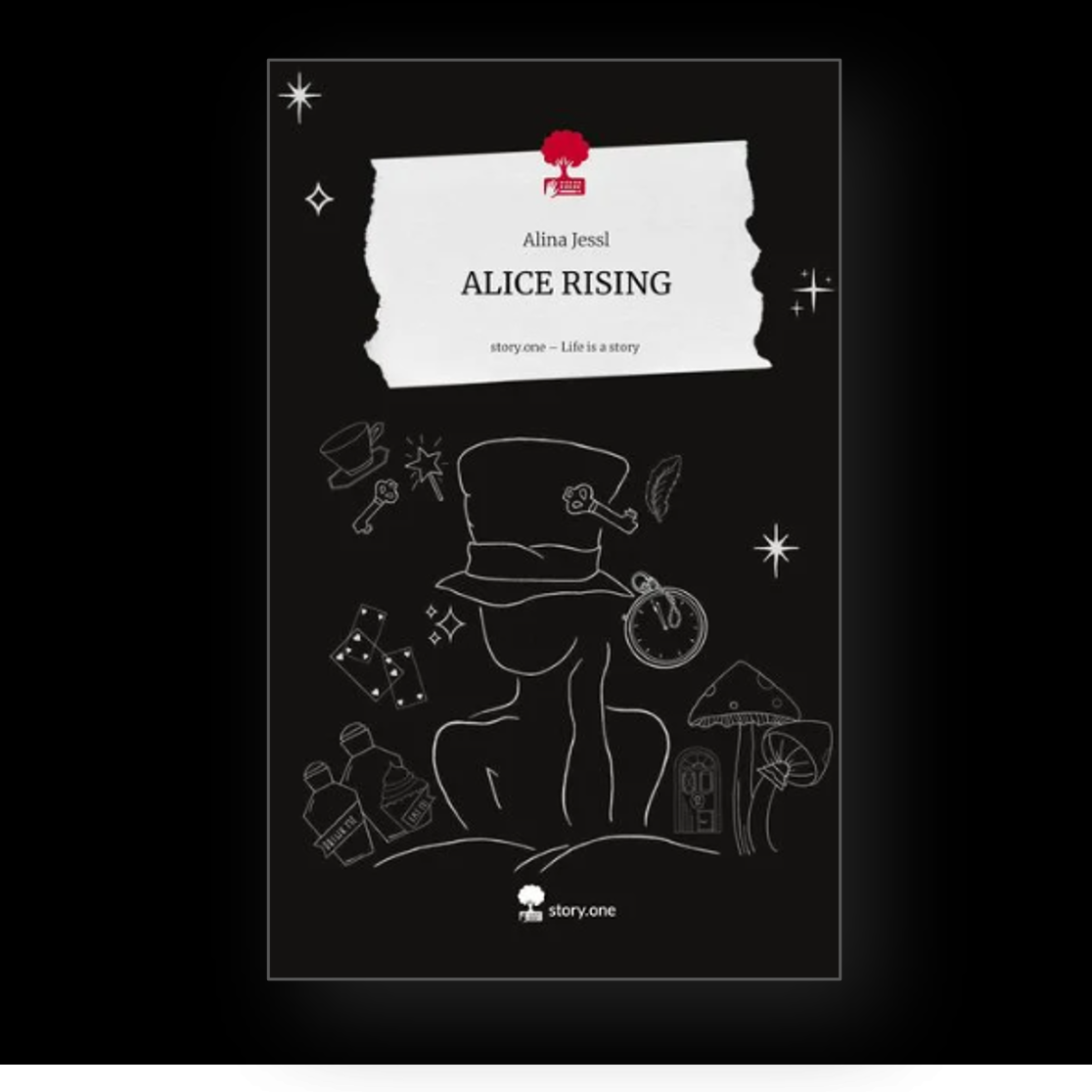 Skizze Hutmacher Alice Rising Ein minimalistisches Design, abstrakter Hut und Fliege in weißer Linieneinfassung auf schwarzem Hintergrund.