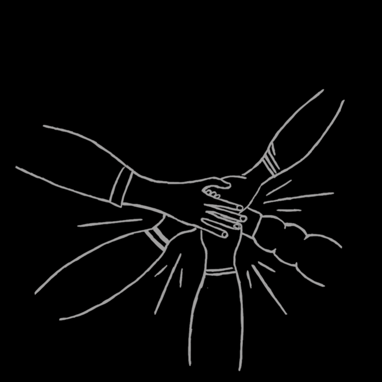 Titelbild Rising together Skizze von Hände die in der Mitte übereinandergelegt sind