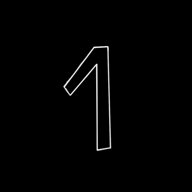 Die Zahl eins in einer klaren, minimalistischen, handgeschriebenen Schrift auf schwarzem Hintergrund.