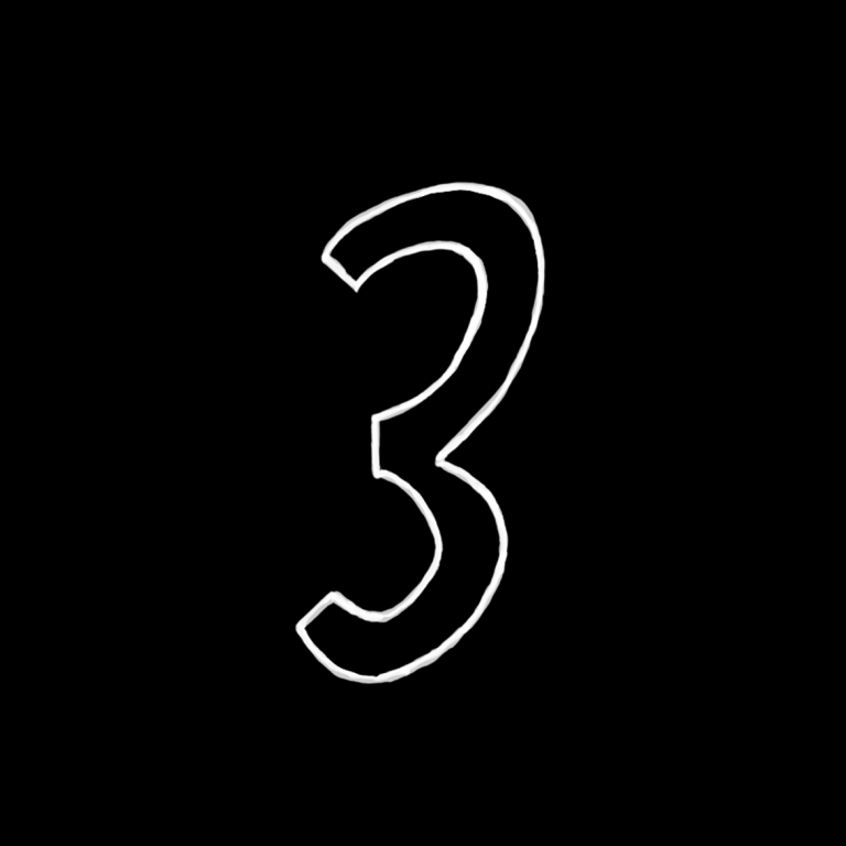 Die Zahl drei in einer klaren, minimalistischen, handgeschriebenen Schrift auf schwarzem Hintergrund.