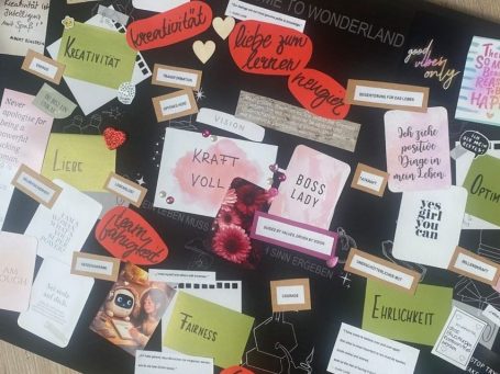 Beispielbild Visionboarding "Values & Vision"  - verschiedene Kästen mit Werte, die kreativ gestaltet und miteinander verbunden sind
