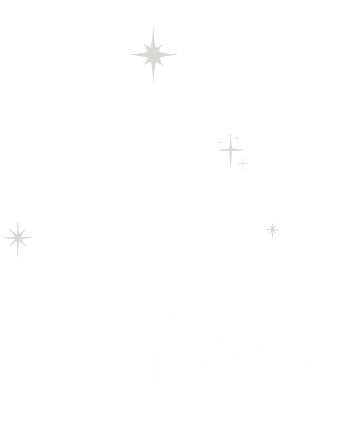 Skizze Weihnachtsbaum mit Geschenken Weihnachtsfunkeln und im Hintergrund ein Bild von einem See mit Bäumen 